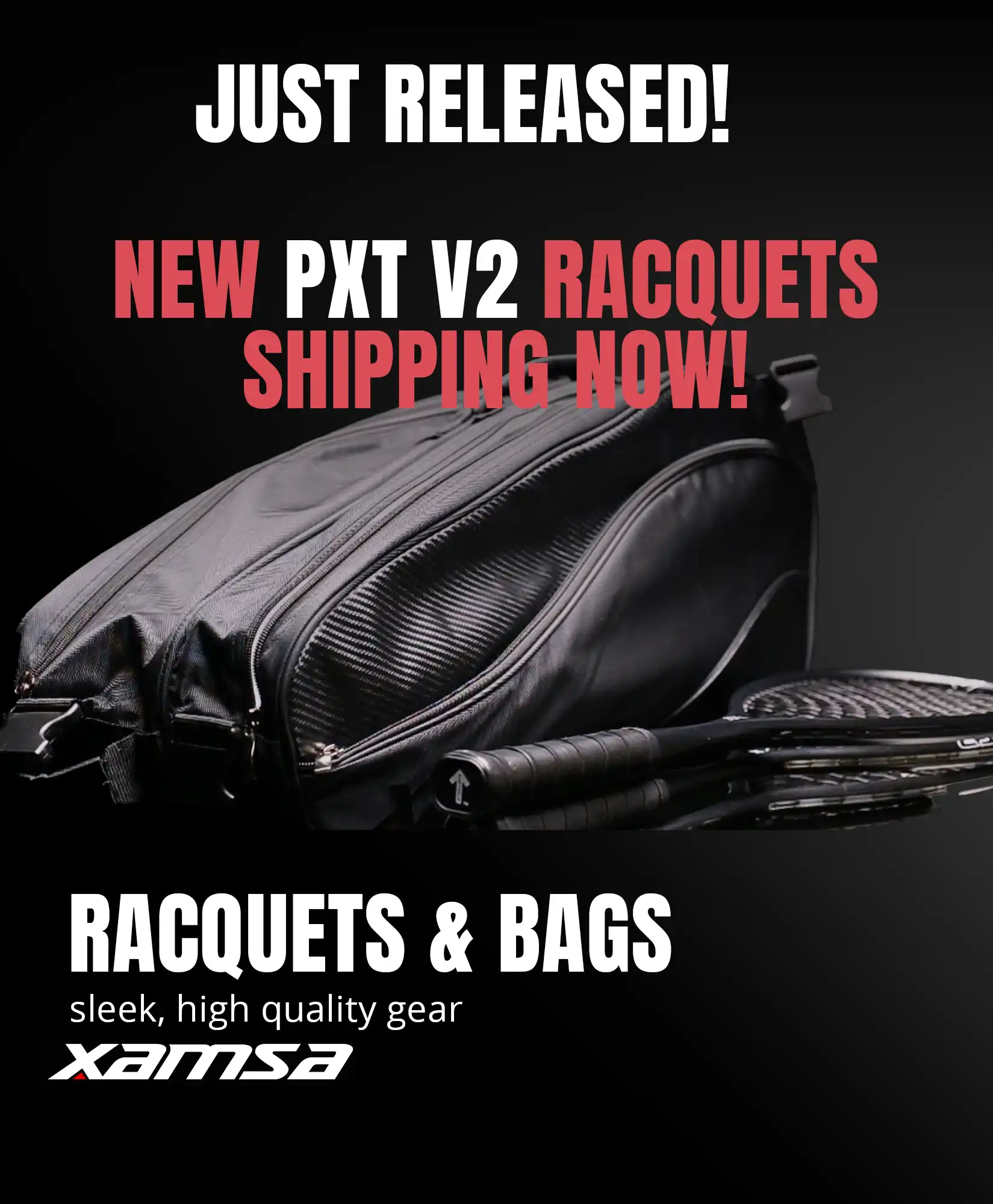New PXT V2 racquets are shipping now.  Squash Racquets and bags.